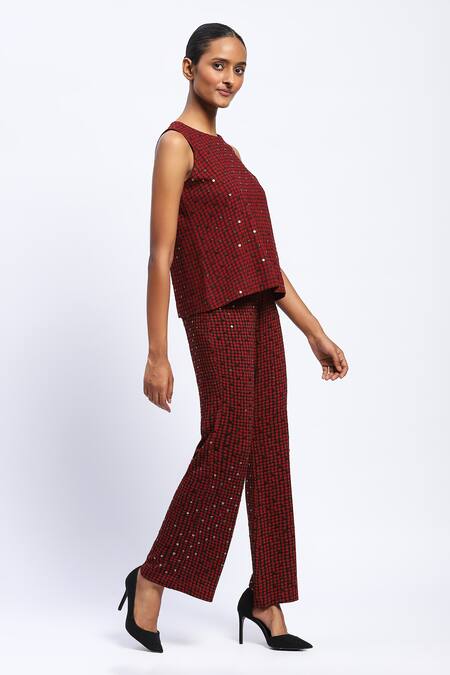 Shop_Abraham And Thakore_Burgundy Viscose Round Neck Embellished Dot Print Top _Online_at_Aza_Fashions