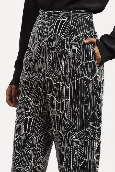 Abraham And Thakore_Black Chanderi Embroidery Tribal Trouser _Online_at_Aza_Fashions