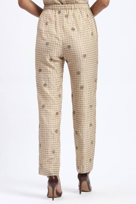 Abraham And Thakore_Gold Chanderi Embroidery Maheshwar Trouser _Online_at_Aza_Fashions