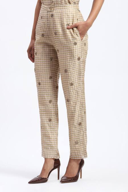 Buy_Abraham And Thakore_Gold Chanderi Embroidery Maheshwar Trouser _Online_at_Aza_Fashions