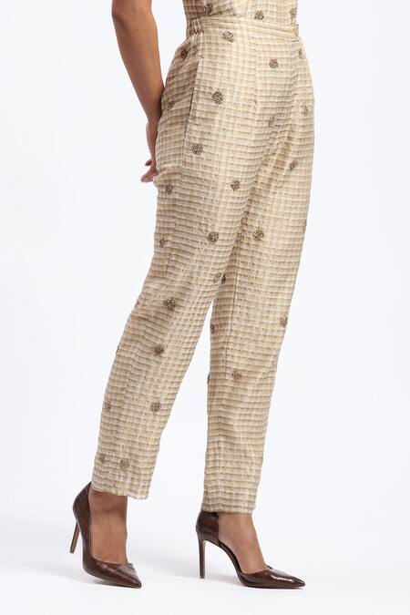 Shop_Abraham And Thakore_Gold Chanderi Embroidery Maheshwar Trouser _Online_at_Aza_Fashions