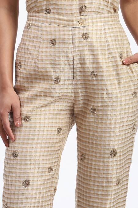 Abraham And Thakore_Gold Chanderi Embroidery Maheshwar Trouser _at_Aza_Fashions