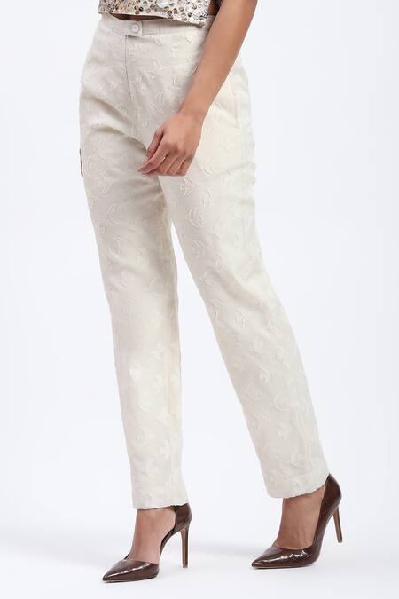 Buy_Abraham And Thakore_White Chanderi Cut Work Bird Trouser _Online_at_Aza_Fashions