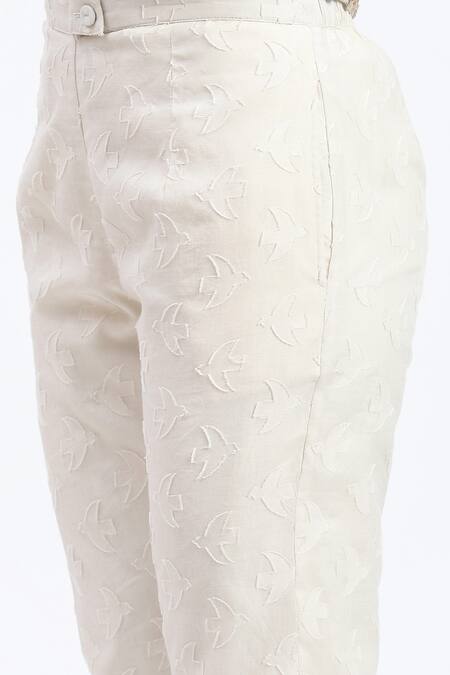 Abraham And Thakore_White Chanderi Cut Work Bird Trouser _at_Aza_Fashions