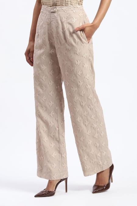 Abraham And Thakore_Beige Chanderi Embroidery Bird Cutwork Trouser _Online_at_Aza_Fashions
