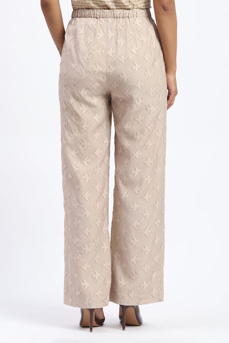 Buy_Abraham And Thakore_Beige Chanderi Embroidery Bird Cutwork Trouser _Online_at_Aza_Fashions