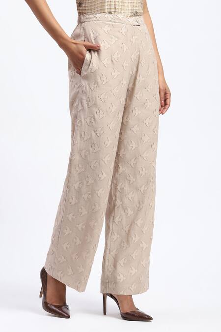 Shop_Abraham And Thakore_Beige Chanderi Embroidery Bird Cutwork Trouser _Online_at_Aza_Fashions