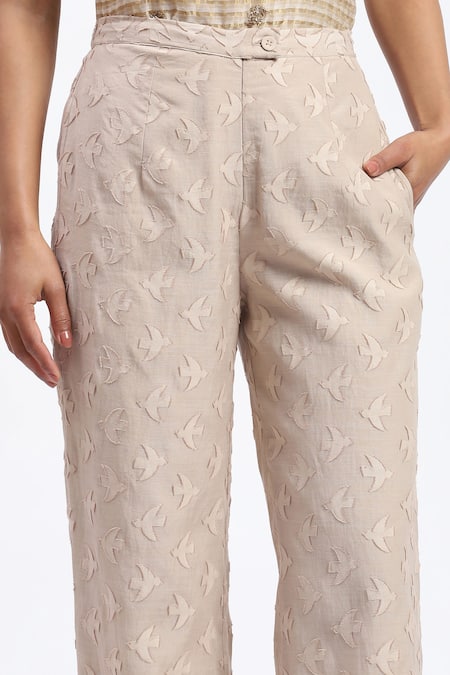 Abraham And Thakore_Beige Chanderi Embroidery Bird Cutwork Trouser _at_Aza_Fashions