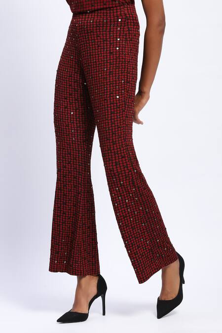 Abraham And Thakore_Burgundy Viscose Sequins Embellished Dot Print Trouser _Online_at_Aza_Fashions