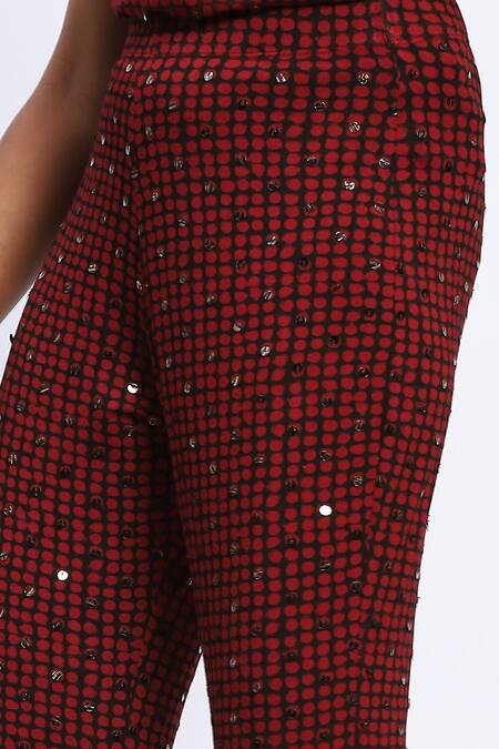 Buy_Abraham And Thakore_Burgundy Viscose Sequins Embellished Dot Print Trouser _Online_at_Aza_Fashions