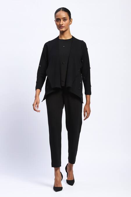 Shop_Abraham And Thakore_Black Viscose Stones Open Neck Embellished Shrug _Online_at_Aza_Fashions