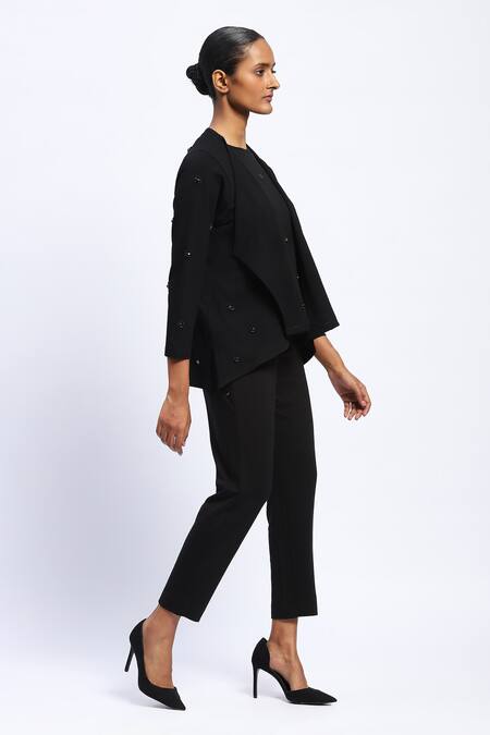 Abraham And Thakore_Black Viscose Stones Open Neck Embellished Shrug _at_Aza_Fashions