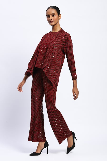 Abraham And Thakore_Burgundy Viscose Sequins Round Neck Embellished Dot Print Shrug _Online_at_Aza_Fashions