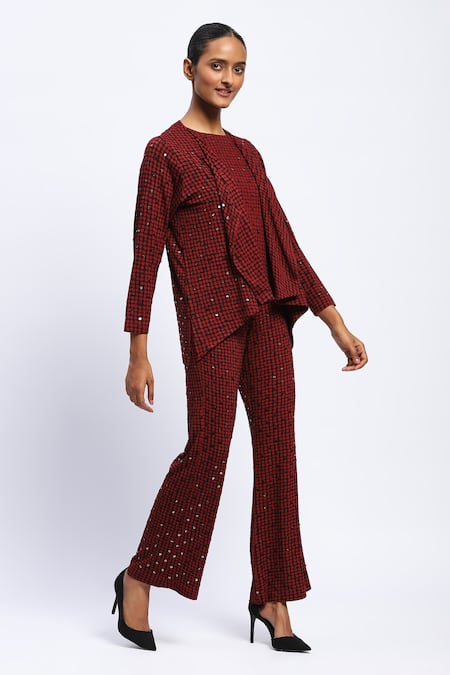 Buy_Abraham And Thakore_Burgundy Viscose Sequins Round Neck Embellished Dot Print Shrug _Online_at_Aza_Fashions