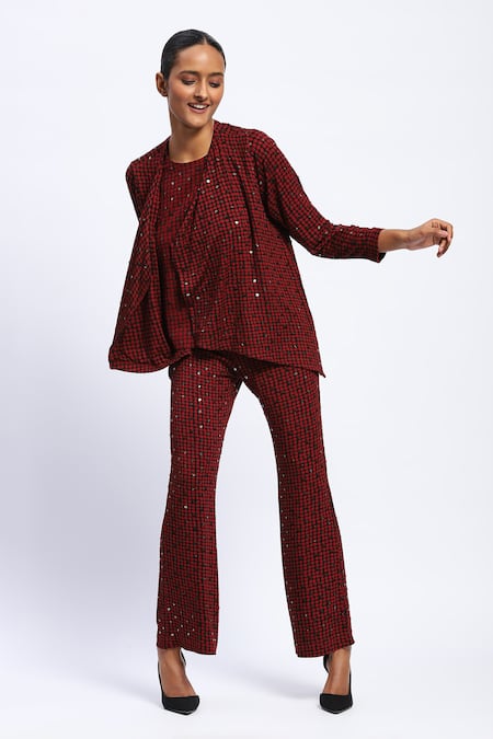 Shop_Abraham And Thakore_Burgundy Viscose Sequins Round Neck Embellished Dot Print Shrug _Online_at_Aza_Fashions
