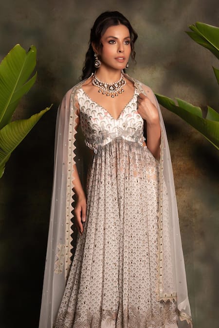 Archana Kochhar_Ivory Georgette, Net Sequins V-neck Anarkali Set _Online_at_Aza_Fashions