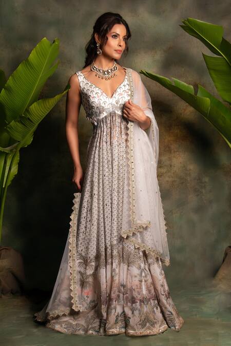 Archana Kochhar_Ivory Georgette, Net Sequins V-neck Anarkali Set _at_Aza_Fashions