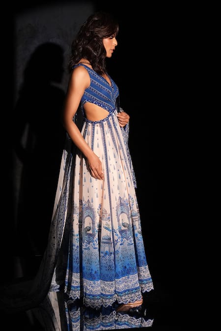 Archana Kochhar_Blue Georgette, Net Embroidery V-neck Anarkali Set _Online_at_Aza_Fashions