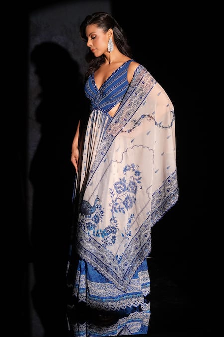 Buy_Archana Kochhar_Blue Georgette, Net Embroidery V-neck Anarkali Set _Online_at_Aza_Fashions