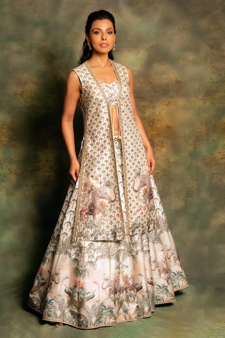 Buy_Archana Kochhar_Ivory Silk Embroidery Round Neck Printed Jacket Lehenga Set _Online_at_Aza_Fashions