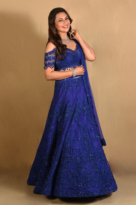 Archana Kochhar_Blue Net Sequins, Embroidery Sweetheart Neck Royal Fusion Lehenga Set _Online_at_Aza_Fashions