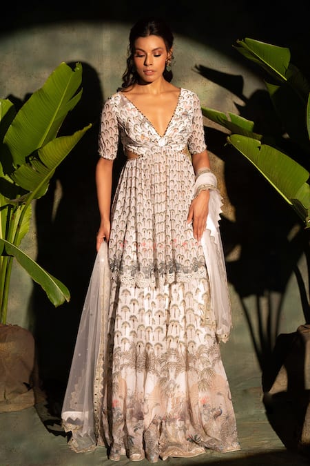 Shop_Archana Kochhar_Ivory Georgette, Net Embroidery V-neck Kurta Lehenga Set _Online_at_Aza_Fashions