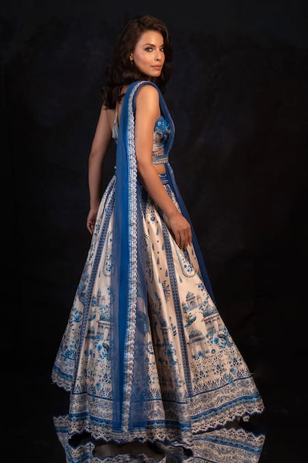 Buy Archana Kochhar Blue Silk Embroidery V-neck The Neel Mahal Fusion Lehenga Set Online at Aza Fashions Buy_Archana Kochhar_Blue Silk Embroidery V-neck The Neel Mahal Fusion Lehenga Set _Online_at_Aza_Fashions