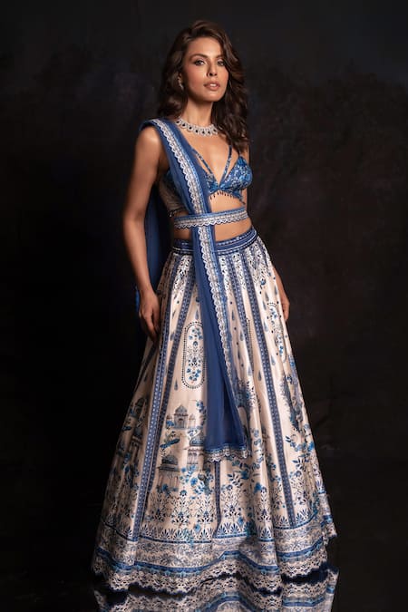 Shop Archana Kochhar Blue Silk Embroidery V-neck The Neel Mahal Fusion Lehenga Set Online at Aza Fashions Shop_Archana Kochhar_Blue Silk Embroidery V-neck The Neel Mahal Fusion Lehenga Set _Online_at_Aza_Fashions