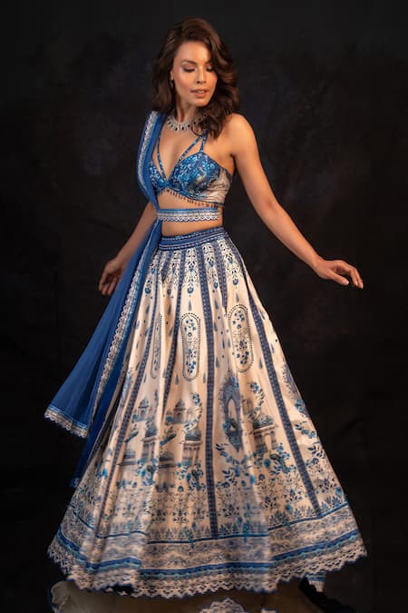 Archana Kochhar Blue Silk Embroidery V-neck The Neel Mahal Fusion Lehenga Set at Aza Fashions Archana Kochhar_Blue Silk Embroidery V-neck The Neel Mahal Fusion Lehenga Set _at_Aza_Fashions
