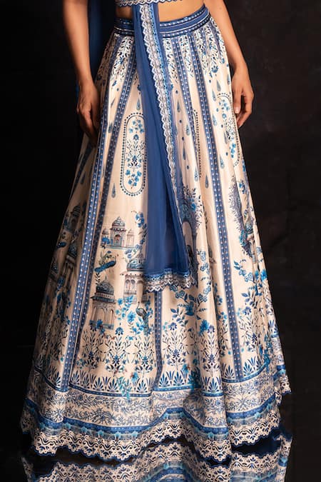 Buy Archana Kochhar Blue Silk Embroidery V-neck The Neel Mahal Fusion Lehenga Set Buy_Archana Kochhar_Blue Silk Embroidery V-neck The Neel Mahal Fusion Lehenga Set