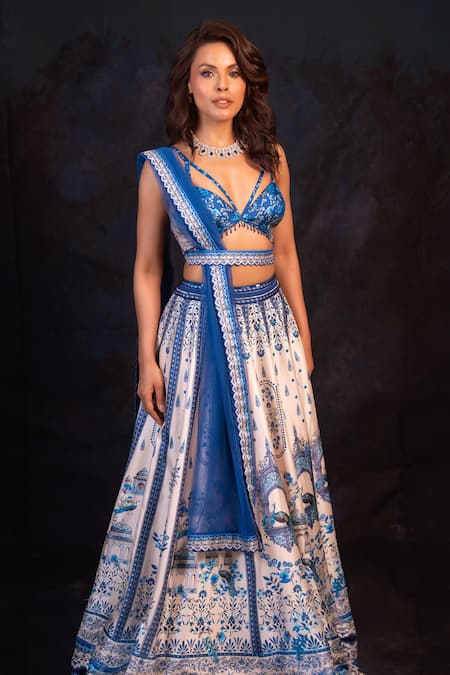 Shop Archana Kochhar Blue Silk Embroidery V-neck The Neel Mahal Fusion Lehenga Set Shop_Archana Kochhar_Blue Silk Embroidery V-neck The Neel Mahal Fusion Lehenga Set