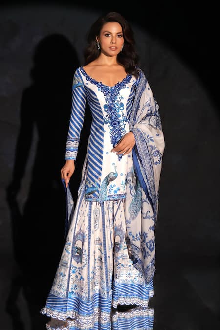Archana Kochhar Blue Silk, Organza Beads, Embroidery Scoop Neck Designer And White Sharara Set 