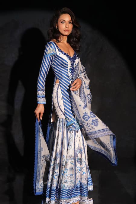 Archana Kochhar_Blue Silk, Organza Beads, Embroidery Scoop Neck Designer And White Sharara Set _Online_at_Aza_Fashions
