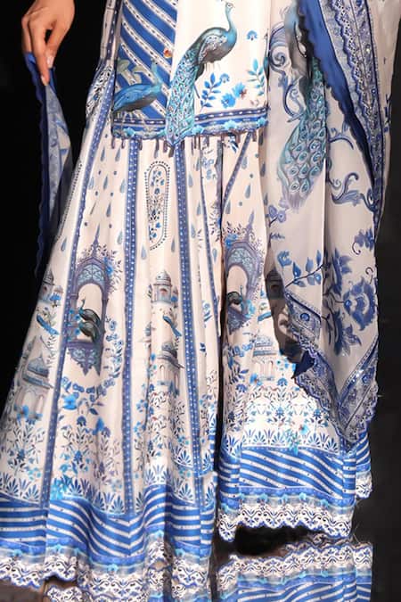 Shop_Archana Kochhar_Blue Silk, Organza Beads, Embroidery Scoop Neck Designer And White Sharara Set _Online_at_Aza_Fashions