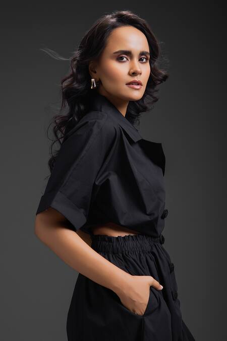 Shop_Deepika Arora_Black Cotton Collared Designer Jumpsuit _Online_at_Aza_Fashions