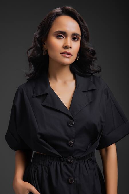 Deepika Arora_Black Cotton Collared Designer Jumpsuit _at_Aza_Fashions