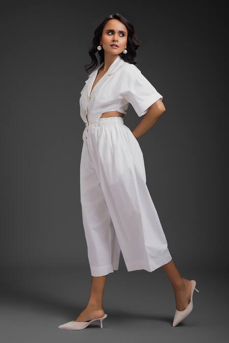 Buy_Deepika Arora_White Cotton Collared Designer Jumpsuit _Online_at_Aza_Fashions