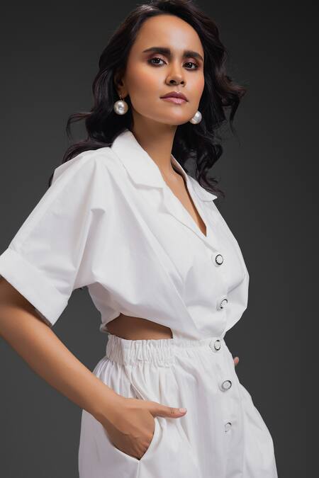 Shop_Deepika Arora_White Cotton Collared Designer Jumpsuit _Online_at_Aza_Fashions