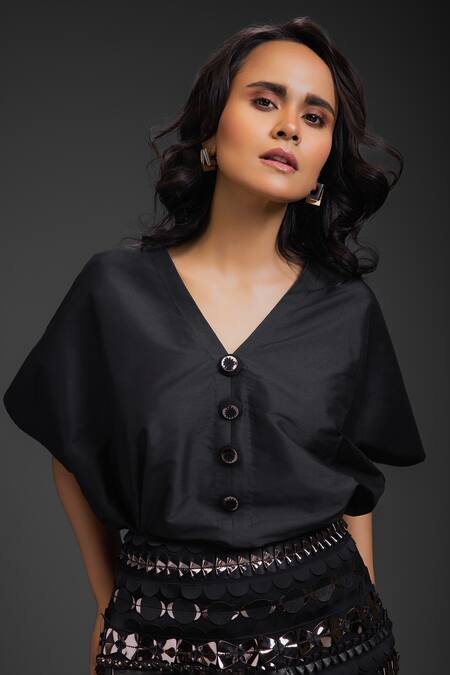 Shop_Deepika Arora_Black Taffeta Sequins V-neck Top And Skirt Set _Online_at_Aza_Fashions