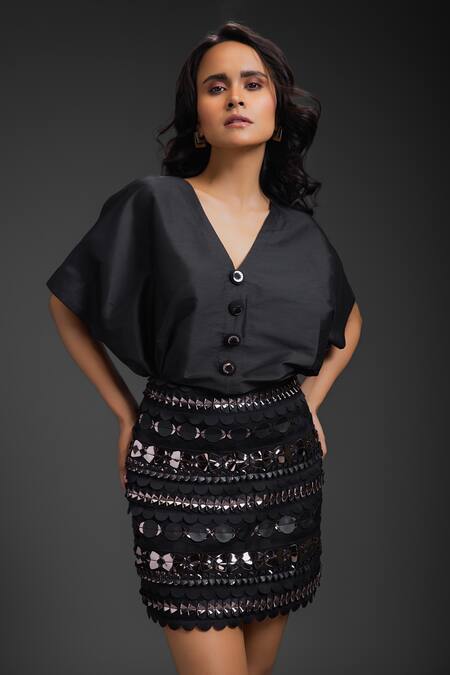 Deepika Arora_Black Taffeta Sequins V-neck Top And Skirt Set _at_Aza_Fashions