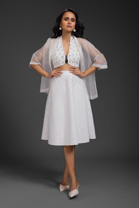 Deepika Arora White Velvet Vegan Leather Midi Skirt 
