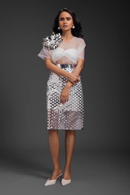 Deepika Arora White Vegan Leather Skirt Set 