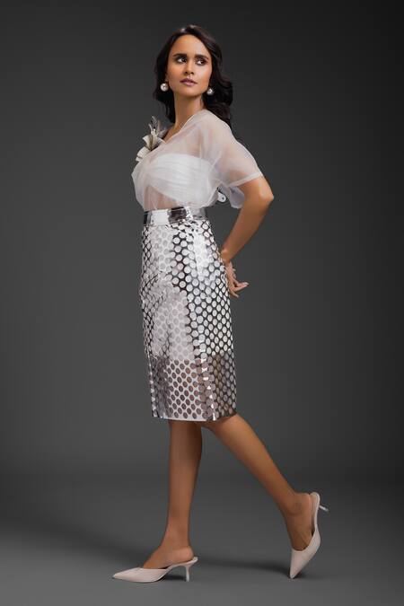 Buy Deepika Arora White Velvet, Leather Cut Work V-, Sweetheart Vegan Skirt Set Buy_Deepika Arora_White Velvet, Leather Cut Work V-, Sweetheart Vegan Skirt Set