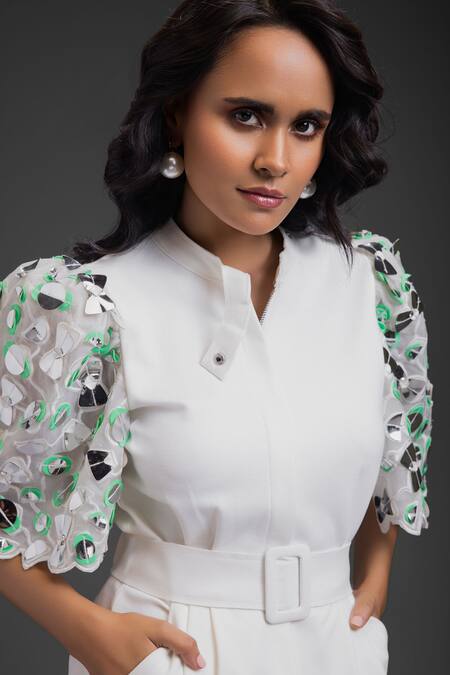 Deepika Arora_White Collared Designer Playsuit With Belt_Online_at_Aza_Fashions