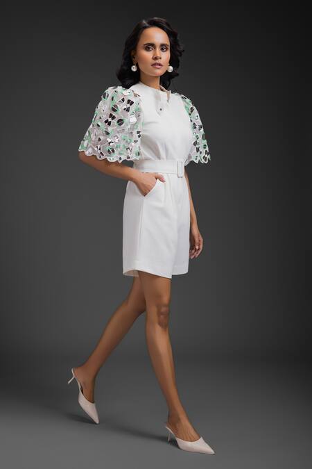 Shop_Deepika Arora_White Collared Designer Playsuit With Belt_Online_at_Aza_Fashions