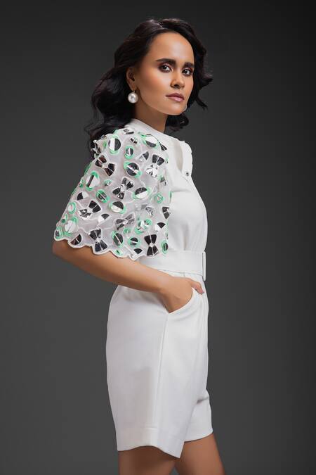 Buy_Deepika Arora_White Collared Designer Playsuit With Belt