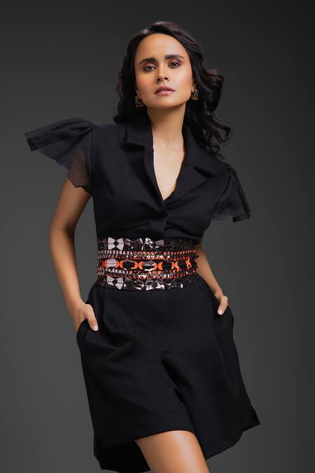 Buy Deepika Arora Black Ponte Roma Collared Playsuit With Belt Buy_Deepika Arora_Black Ponte Roma Collared Playsuit With Belt