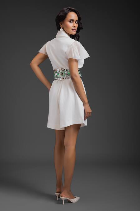 Shop Deepika Arora White Ponte Roma Cut Work Collared Designer Playsuit With Belt at Aza Fashions Shop_Deepika Arora_White Ponte Roma Cut Work Collared Designer Playsuit With Belt_at_Aza_Fashions
