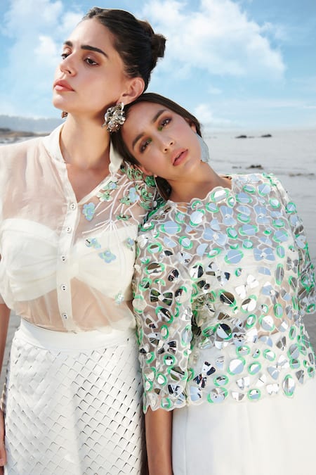 Deepika Arora_White Suede Sequins, Mirrors Round Neck Designer Dress And Bustier Set_Online_at_Aza_Fashions