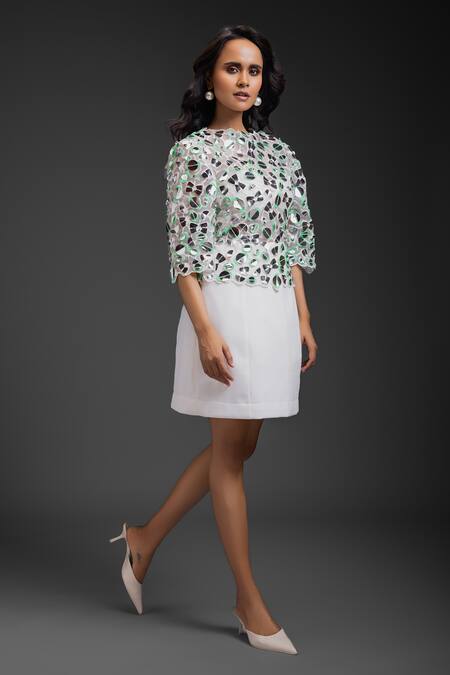 Buy_Deepika Arora_White Suede Sequins, Mirrors Round Neck Designer Dress And Bustier Set_Online_at_Aza_Fashions